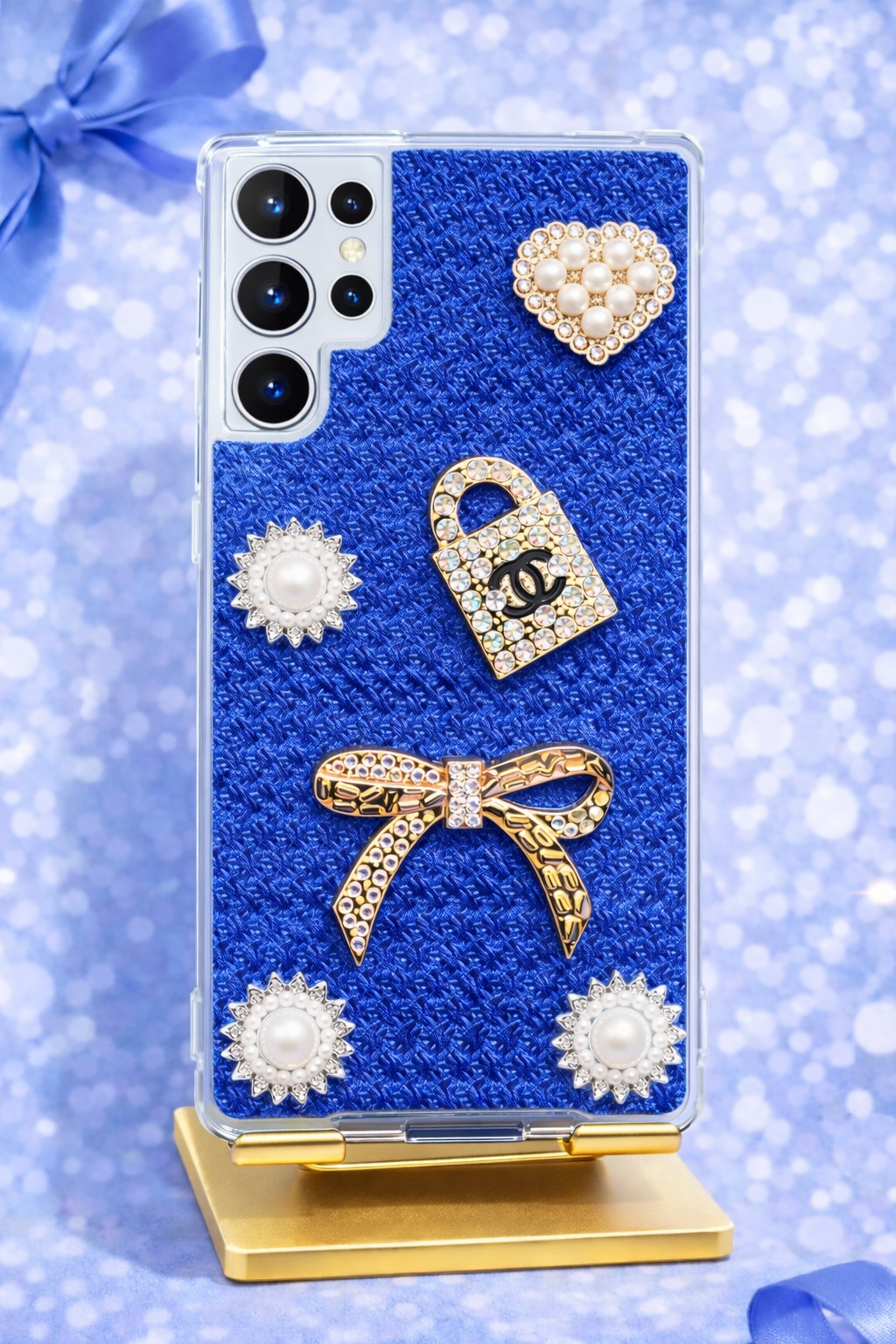 Royal Blue Pearl Bow – Luxury Shockproof Case